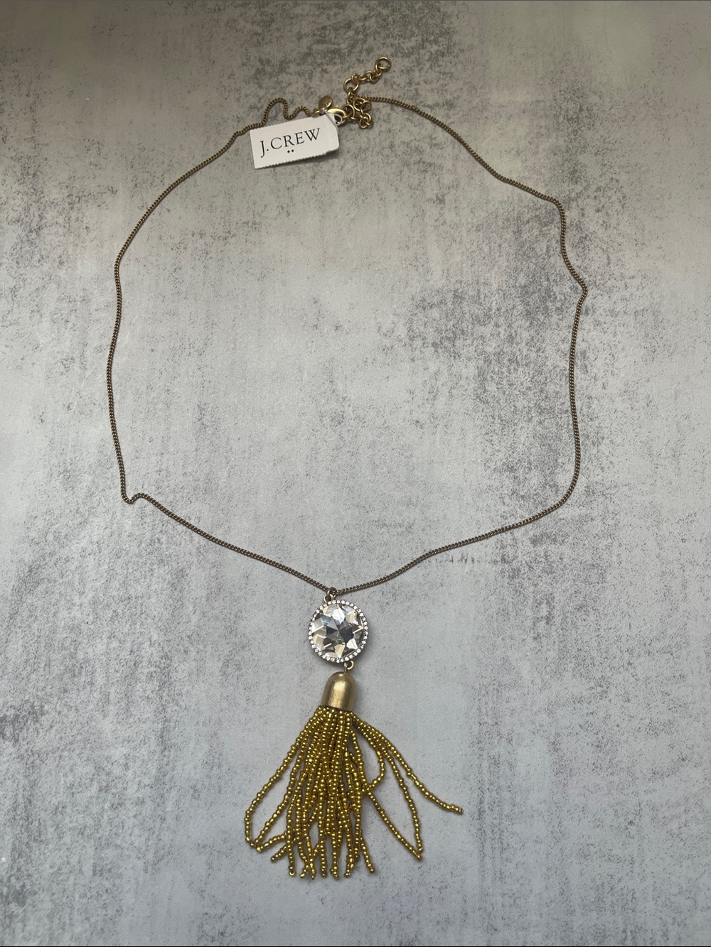 J. Crew Gold Beaded Tassel Necklace with Crystal Drop